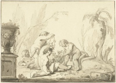Allegorisk representasjon av barn med en kurv med blomster av Johann Heinrich Keller (II)