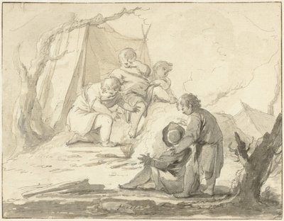 Allegorisk fremstilling med barn rundt et bål av Johann Heinrich Keller (II)