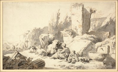 En fører med familien og storfe ved siden av klassiske ruiner av Johann Heinrich Roos