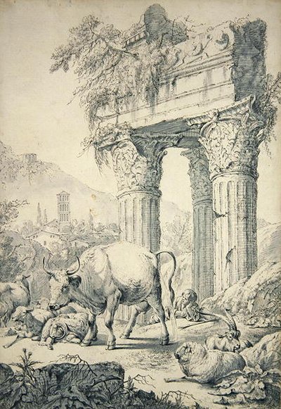 Ku i Campagnian landskap (grafitt og penn på papir) av Johann Heinrich Roos