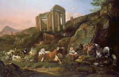 Gårdsdyr i et klassisk landskap, 1684 av Johann Heinrich Roos