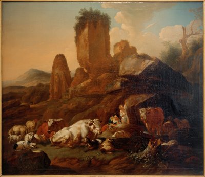 Hvilende gjeterinne og storfe av Johann Heinrich Roos