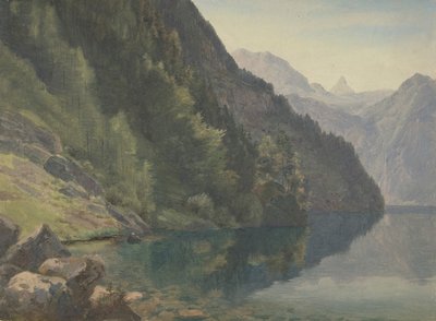 Skogkledd kyst ved King Lake Königsee, første halvdel av 1800-tallet. av Johann Heinrich Schilbach