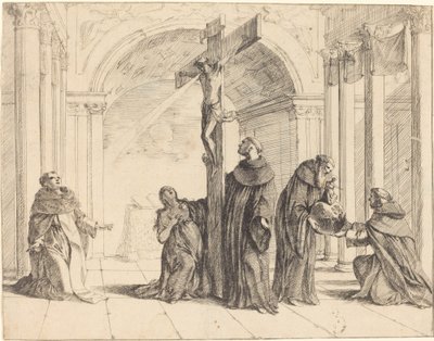 Et krusifiks i en kirke med de hellige Thomas Aquinas, Maria Magdalena, Albertus Magnus og andre av Johann Heinrich Schönfeld