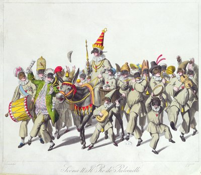 Prosesjon av King Punch under det romerske karnevalet, tidlig på 1800-tallet (fargegravering) av Johann Heinrich Stuermer
