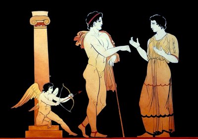 Eros retter en av pilene sine mot et ungt par som snakker ca. 1796 (Kobberplategravering) av Johann Heinrich Wilhelm Tischbein