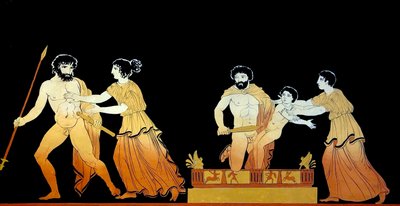klassisk scene antatt å være soldater som truer livet til Astyanax mens moren hans Andromache prøver å beskytte ham ca. 1796 (Kobberplategravering) av Johann Heinrich Wilhelm Tischbein