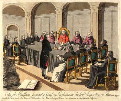 Joseph Balsamo, comte de Cagliostro, før inkvisisjonen i Roma 14. april 1791, 1791. av Johann Hieronymus Loeschenkohl