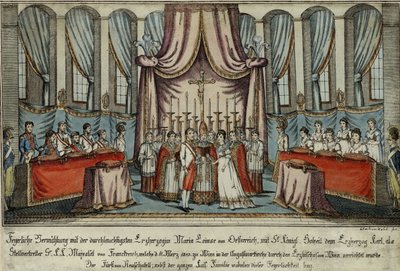 Marie-Louise giftet seg med Napoleon ved fullmektig i Wien, med erkehertug Charles som representant for Napoleon, 18 av Johann Hieronymus Loeschenkohl