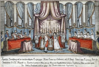 Marie-Louise giftet seg med Napoleon ved fullmektig i Wien, med erkehertug Charles som representant for Napoleon - Loeschenkohl, Johann Hieronymus (1753-1807) - 1810 - Etsning, akvarell - 33,4x44,5 - Privat samling av Johann Hieronymus Loeschenkohl