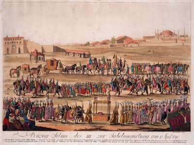 Sultan Selim IIIs (1761-1808) inntog i Sabelen 13. april 1789 - Loeschenkohl, Johann Hieronymus (1753-1807) - 1789 - Etsning, akvarell - 38,6x50,2 - Privat samling av Johann Hieronymus Loeschenkohl