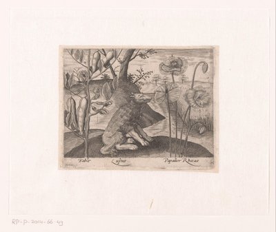 Serie med trykk med blomster og dyr i et landskap Landskap med ulv og planter Landskap med dyr, planter og blomster (serietittel) av Johann Hogenberg