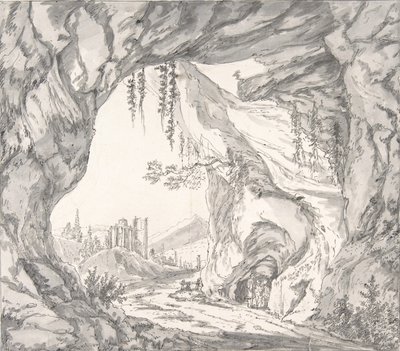Fjelllandskap med ruiner av et slott og tre menn i en hule... sent på 1700-tallet - tidlig på 1800-tallet. av Johann Huber