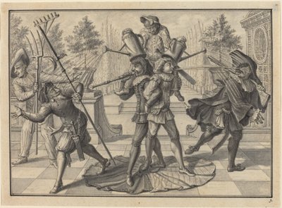 Harlekin og Scaramouche lager en "fontene" av Johann Jacob Schubler