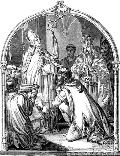 Dåp av saksisk leder Widukind Illustrasjon fra det tyske folks historie av E. Duller, 1840 av Johann Jakob Kirchhoff