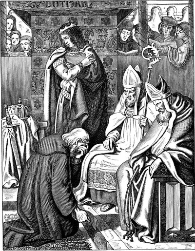 Ludvig den fromme gjorde bot i Attigny i 822 Illustrasjon fra det tyske folks historie av E. Duller, 1840 av Johann Jakob Kirchhoff