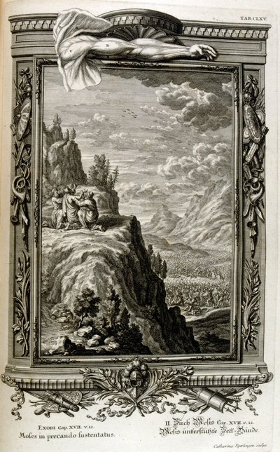 Aron og Hur støtter Moses hånd på Sinai, da israelittene flyktet inn i Sinai, utvandring fra Egypt av Johann Jakob Scheuchzer