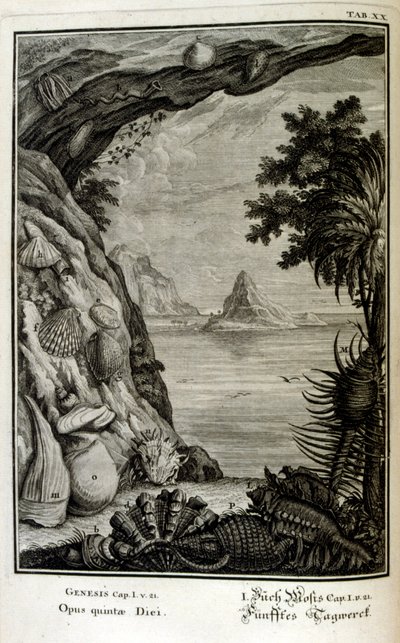 Kobberstikk fra 'Physica Sacra' av den sveitsiske lærde. Johann Jakob Scheuchzer av Johann Jakob Scheuchzer
