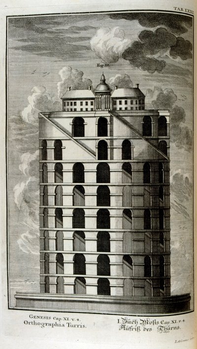 Plan over Babelstårnet sett fra siden av Johann Jakob Scheuchzer