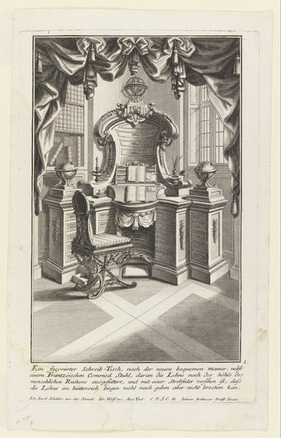 Et formet skrivebord, ... (skrivebord og stol) av Johann Jakob Schübler