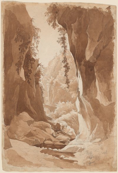 Klipper som overhenger en elvekløft nær Sorrento (recto) av Johann Joachim Faber