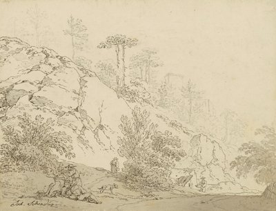 Bønder hviler i steinete terreng, bakgrunnslott av Johann Josef Schindler