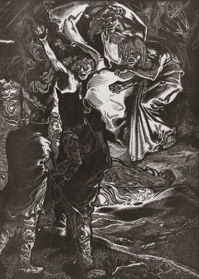 Macbeth og Banquo møter de tre heksene, 1900-tallet (gravering) av Johann Joseph Aarts