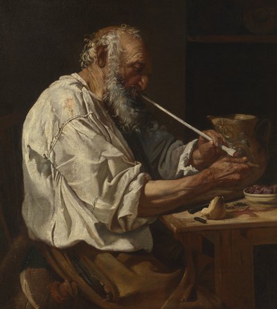 Old Peasant Lighting a Pipe, ca. 1660 (olje på lerret) av Johann Karl Loth