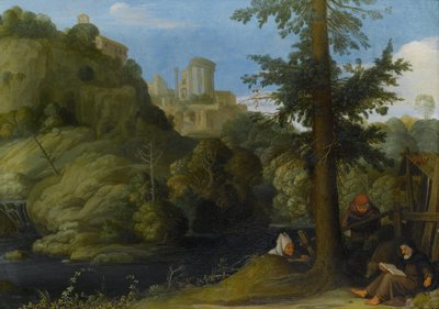 En eremitt med to reisende i et skogkledd landskap av Johann König