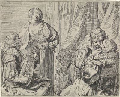 Unge forelskede par og en tosk i et interiør av Johann Liss