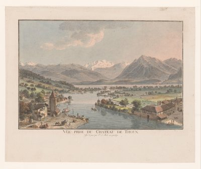 Utsikt over Thunsjøen fra Thun Slott Vue prize du chateau de Thoun (tittel på objekt) av Johann Ludwig Aberli