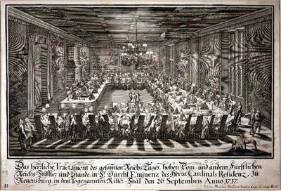Bankett i kongens sal ved palasset til kardinal i Regensburg, 26. september 1717 (gravering) av Johann Matthias and Geyer Andreas Steidlin