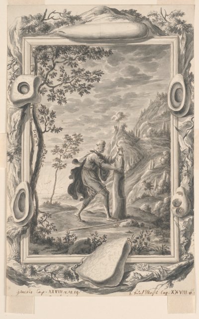 Studie for Jacob Pours Oil on the Stone på Bethel, Plate 87, Physica Sacra av Johann Melchior Füssli
