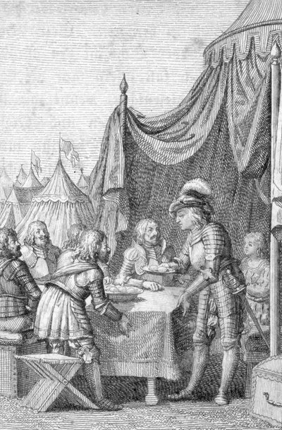 Keiser Louis IV (1282-1347) av Baviere med sine offiserer i slaget ved Muhldorf (eller Ampfing) 28. september 1322 (Louis IV, hellig romersk keiser i slaget ved Muhldorf 28. september 1322 på Ampfing-heia) Gravering av Johann Michael Mettenleite av Johann Michael Mettenleiter