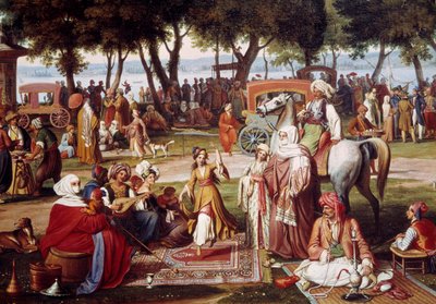Ferskvann Asia i Konstantinopel - Søt liv: gruppe menn og kvinner som røyker, danser - Maleri av Johann Wittmer (1802-1880) 1837 Detalj - München, Neue Pinakothek av Johann Michael Wittmer