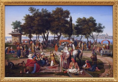 Ferskvann fra Asia til Konstantinopel (dagens Istanbul, Tyrkia). Maleri av Johann Michael Wittmer (1802-1880), olje på lerret av Johann Michael Wittmer