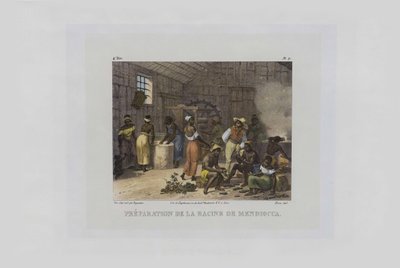 Forberedelse av mandioka røtter. Fra pittoreske reiser i Brasil, 1830-1835. av Johann Moritz Rugendas