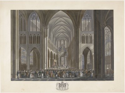 Velsignelse av kong Vilhelm I i Saint Gudula-kirken i Brussel 21. september 1815 Tolv plater med ankomst og innvielse av William I i Brussel og kampene ved Quatre-Bras og Waterloo i 1815 (serietittel) av Johann Nepomuk Gibèle (possibly)