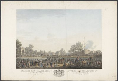 Vilhelm den 1.s ankomst til byen Brussel 30. mars 1815 / Entrée de Guillaume 1er dans la Ville de Bruxelles, 30. mars 1815 (tittel på objekt) Tolv plater med ankomst og innvielse av William I i Brussel og kampene ved Quatre-Bras av Johann Nepomuk Gibèle