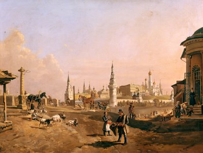 Utsikt over Bolshoy Kamenny-broen og Kreml fra Zamoskvorechye, 1837 av Johann Nepomuk Rauch