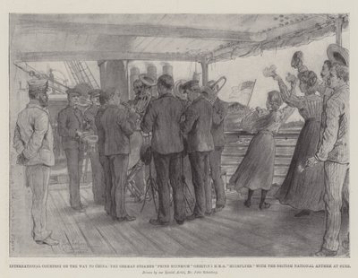 Internasjonal høflighet på vei til Kina, den tyske damperen Prinz Heinrich hilser HMS Highflyer med den britiske nasjonalsangen i Suez av Johann Nepomuk Schonberg