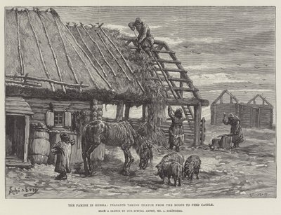 Hungersnøden i Russland, bønder som tok tekke fra takene for å mate storfe av Johann Nepomuk Schonberg
