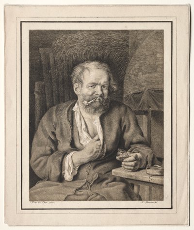 Bonde sitter ved et bord og røyker pipe av Johann Nepomuk Strixner