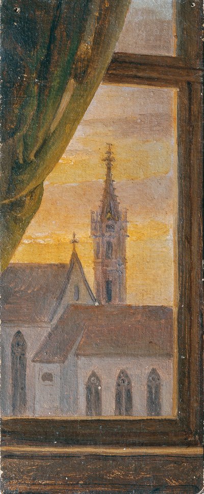 Utsikt gjennom et vindu av et gotisk kirketårn av Johann Peter Krafft