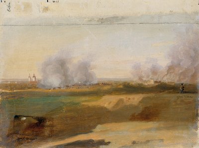 Landskapsstudie med brennende landsbyer i bakgrunnen av Johann Peter Krafft