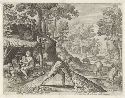 Adam og Eva på jobb utenfor det jordiske paradis Historien om Kains familie / Om godt og dårlig arbeid (serietittel) Boni et mali scientia (serietittel) av Johann Sadeler (I)