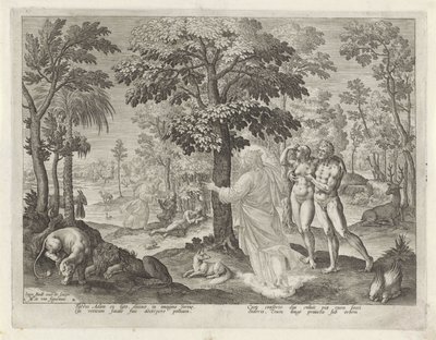 Adam og Eva i paradis Historien om Kains familie / Om gode og dårlige verk (serietittel) Boni et mali scientia (serietittel) av Johann Sadeler (I)