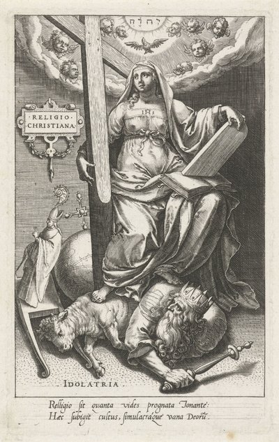 Kristen religion (Religio Christiana) overvinner avgudsdyrkelse (Idolatria) Religion Christiana (tittel på objekt) Dydene erobrer lastene (serietittel) av Johann Sadeler (I)