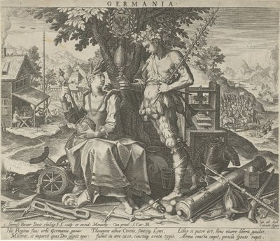 Tyskland med Ceres og Bacchus Germania (tittel på objekt) Allegoriske representasjoner av europeiske land (serietittel) av Johann Sadeler (I)