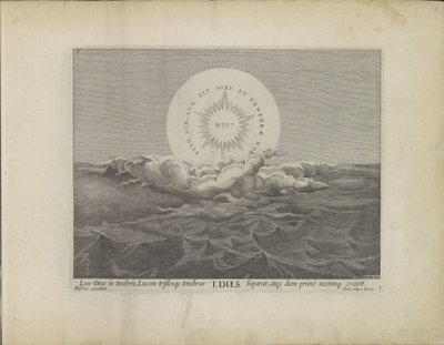 Første scheppingsdag: scheiding van licht en darknessen Schepping van de wereld (serietittel) Dette er det bibelske teateret for det gamle og nye testamentes hellige historie uttrykt i bronseplater (serietittel) av Johann Sadeler (I)